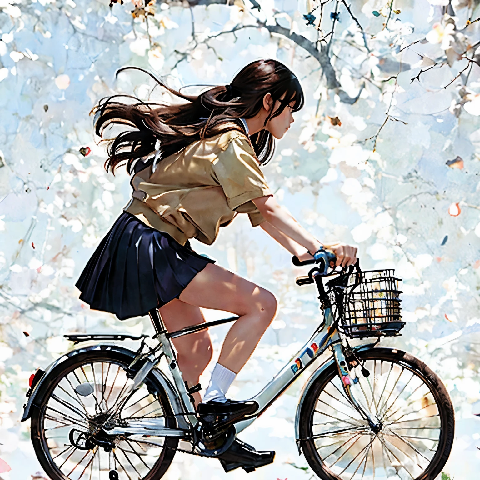 (masterpiece, Highest quality:1.2), reality、One person riding a bicycle, alone、high school girl、uniform、From the side、Blank Background、White Background、Watercolor style、