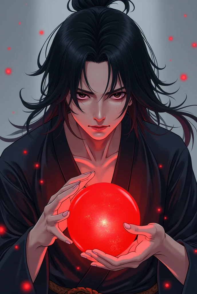black haired, cold looking man, black eyes, long hair, majestic features, wearing a kimono, holding a glowing red ball of energy in his hand, novel cover.