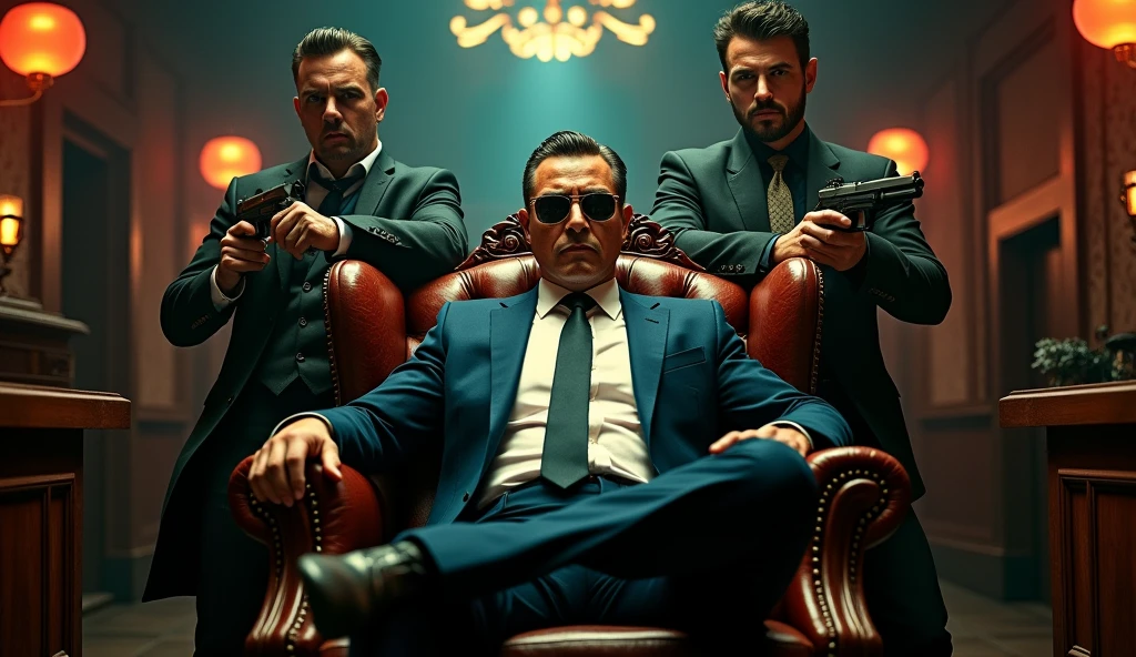 create a movie poster , a young and strong man mafia boss sitting in center on boss chair, wear glasses, gunmans standing behind, showing power, action movie poster, hyper details
