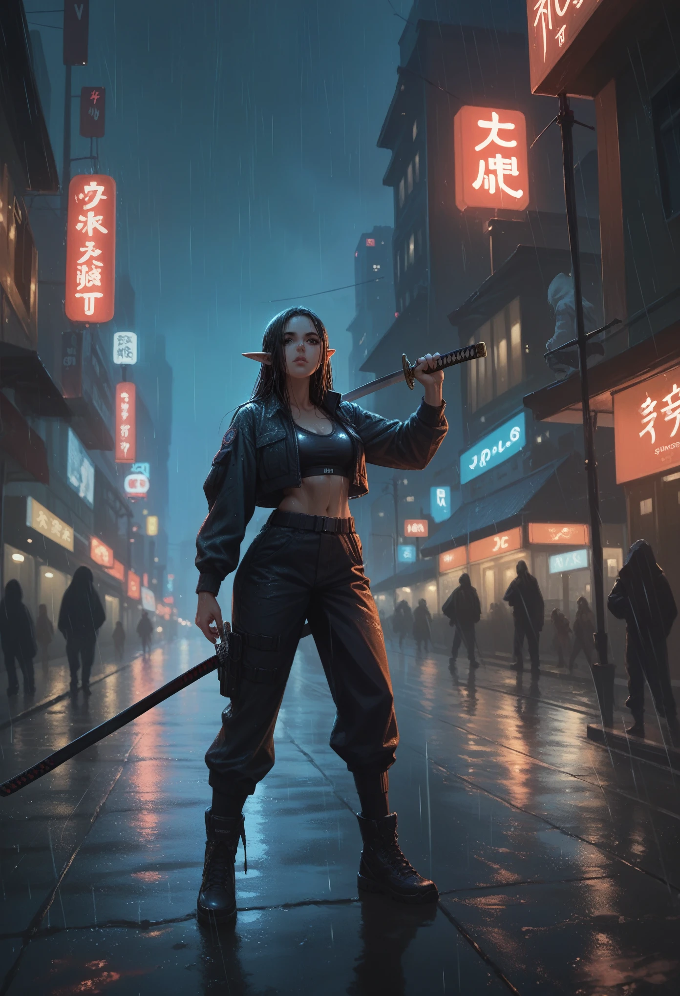 Female Elf. Unbelievably pretty, Shadowrun. Tactical clothing, katana, big tits, sexly. neonlights, nighttime, city, rainy
