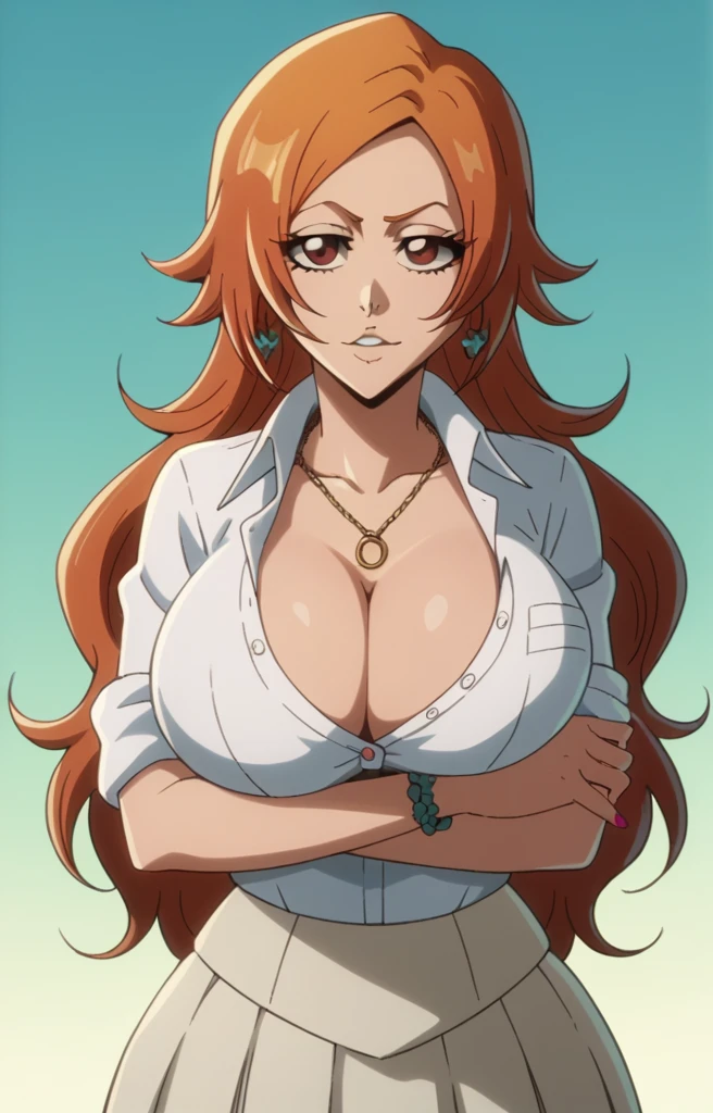 Inoue Orihime,Big breast,white HighSchool uniform with unbuttoned Cleavage,short Grey skirt,lariat necklace,Long pink nail,Hoopa bracelet,Earpiercing,Bleach Anime artstyle,Half eyes open,Stylish Wavy hair,Spouty mouth,Thick lips,view from head to waist,Curvy figure,Big wavy hair,Enchanced breast,tight thights,gaze on viewer,ear visible,bouncy breast,unnatural big breast,crossing arm,short sidehair,Short bang hair,heart shaped Earrings