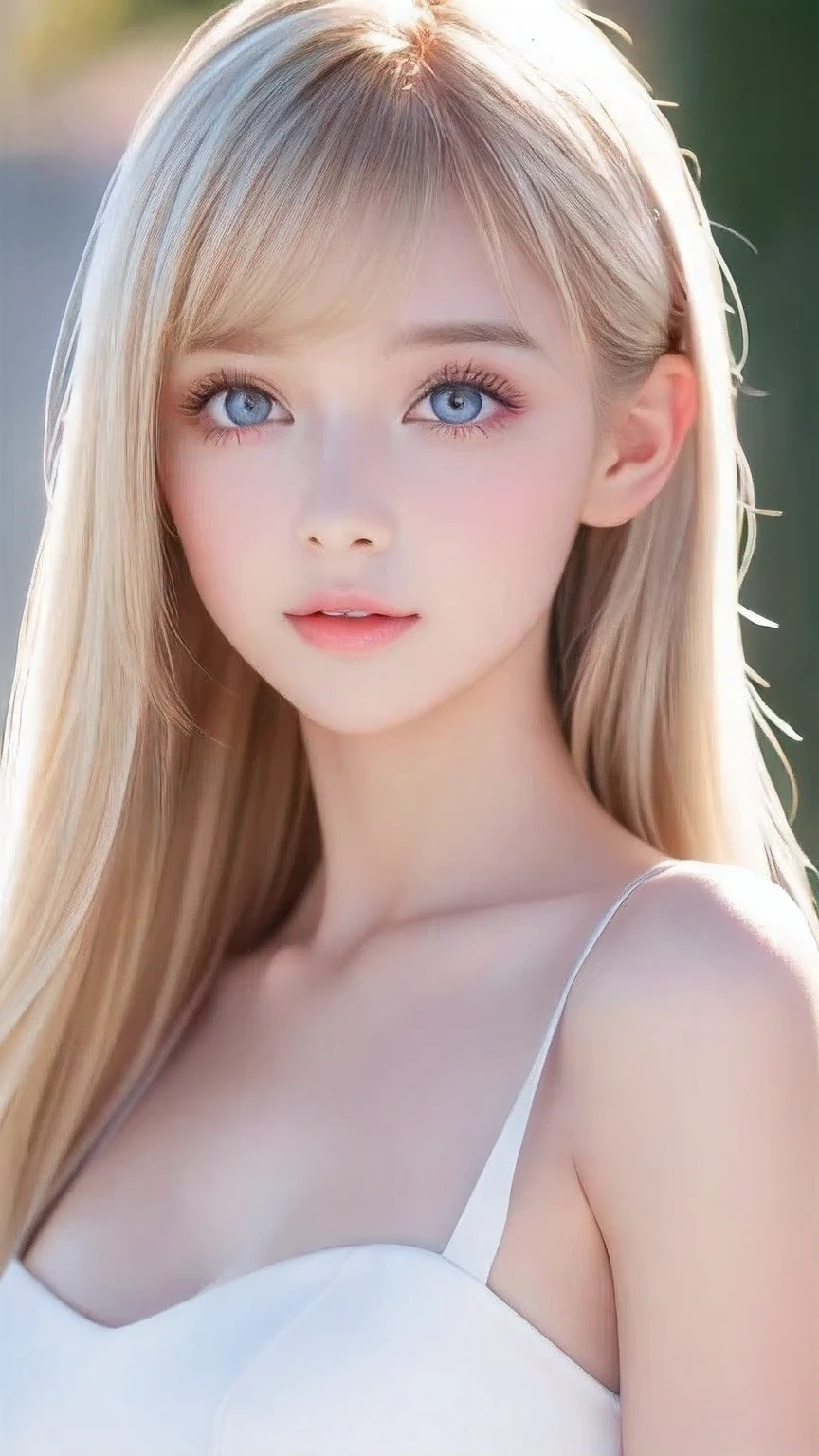 Incredibly bright, white, glossy, beautiful skin、Blonde hair color that changes with reflected light、Bangs between the eyes blocking the view、Glossy highlight on cheeks、sexy, very beautiful, lovely, cute, gorgeous face、The most beautiful face in the world、15-year-old beautiful girl、Super long blonde hair、smooth, straight hair、Big Breasts, Large, bright, azure eyes that sparkle、Beautiful eyeliner、Beautiful bangs、Small Face Beauty、beautiful round face、Very beautiful appearance、Very pure white girl、Cheek highlighter