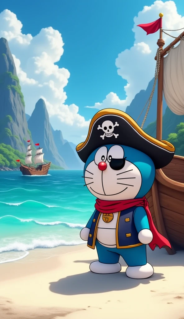 An image of Captain Doraemon wearing a pirate outfit on the sea . Doraemon stands on a small ship docked near the white sand beach, There's a big ship in the back,Behind is a sharp 3d 4k mountain 