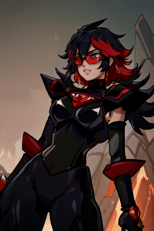 Best quality, 4k, 8k, Ultra HD, high resolution, masterpiece, fantastic detailed armor and accessories, realistic lighting, gorgeous composition,  Ryuko Matoi as Mettaton, anime glasses, anime tinted red shades, black latex pants, black latex corset, Red chest armor with a black undersuit underneath, thick black undersuit holding a large stage microphone, performance microphone, black microphone, singing stance, extremely tight corset, red bow tie around neck,lthick armored silver belt, heart on armored chestplate, heavily armored black cuirass, chest encased in armor, black turtleneck armored, wide hips, black hair, thick flowing dark brown hair,black undersuit, white mascot gloves, cuffed white gloves, very long black hair with red accents, long flowing hair, white gloves, white evening gloves, armored two-tons chest-plate (Red cuirass and black accents) , armored undersuit