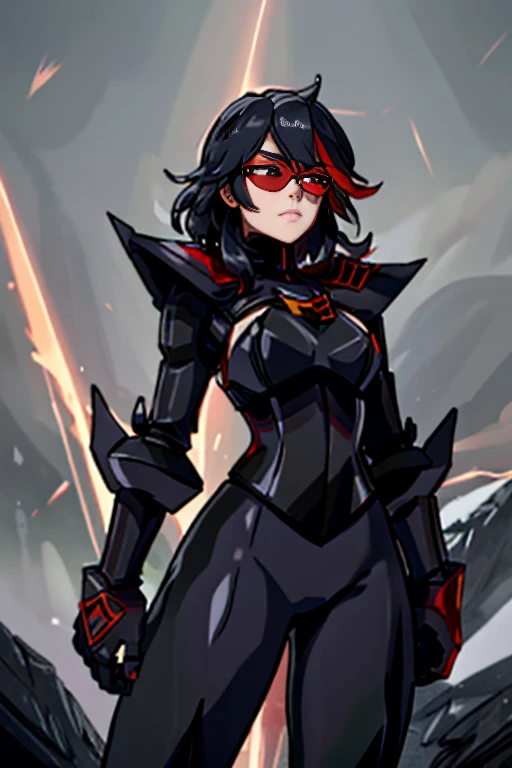 Best quality, 4k, 8k, Ultra HD, high resolution, masterpiece, fantastic detailed armor and accessories, realistic lighting, gorgeous composition,  Ryuko Matoi as Mettaton, anime glasses, anime tinted red shades, black latex pants, black latex corset, Red chest armor with a black undersuit underneath, thick black undersuit holding a large stage microphone, performance microphone, black microphone, singing stance, extremely tight corset, red bow tie around neck,lthick armored silver belt, heart on armored chestplate, heavily armored black cuirass, chest encased in armor, black turtleneck armored, wide hips, black hair, thick flowing dark brown hair,black undersuit, white mascot gloves, cuffed white gloves, very long black hair with red accents, long flowing hair, white gloves, white evening gloves, armored two-tons chest-plate (Red cuirass and black accents) , armored undersuit