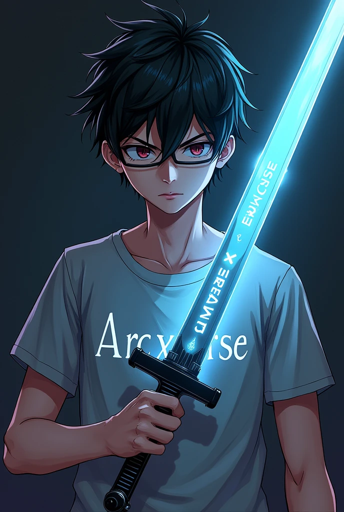 Crate an anime-style image of a handsome boy holding a sword. The boy should have striking, sharp features, and his expression should be confident and intense. His hair is slightly messy but stylish, adding to his cool appearance. The sword he holds is sleek and futuristic, with the word "Arcxverse" engraved in bold, glowing letters along the blade. The boy is wearing a fitted T-shirt that also has "Arcxverse" printed on it, giving it a cohesive and modern look. The background should be a dynamic, slightly dark setting that emphasizes the boy and his sword, adding an element of mystery and power to the scene.