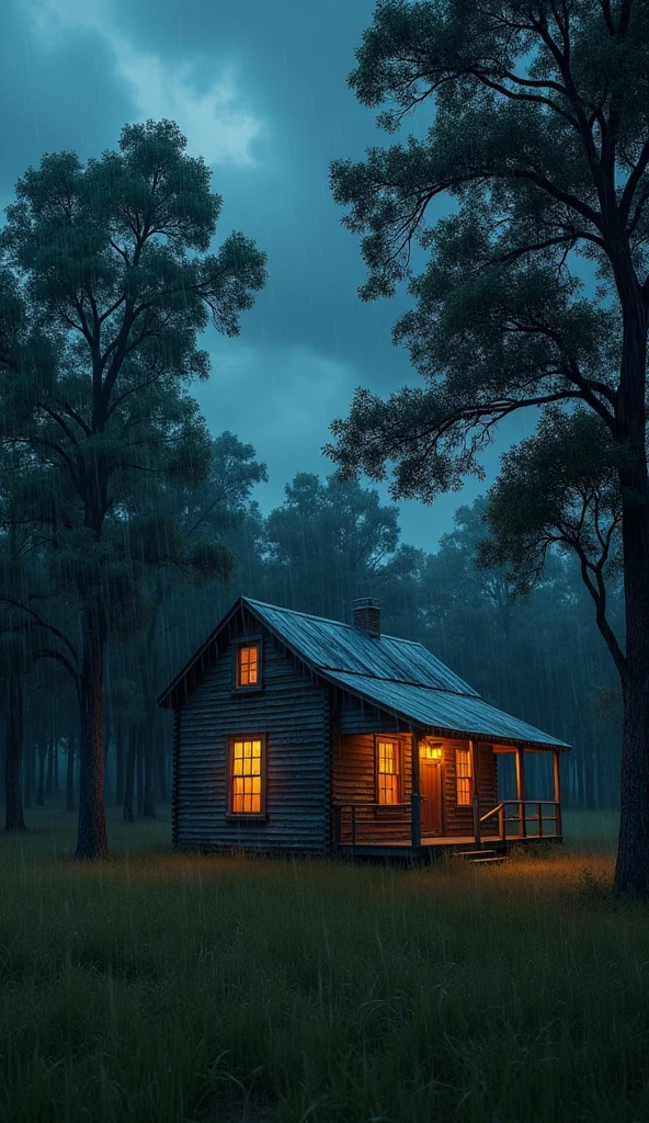 Rural cabin house with a menacing night atmosphere illuminated by lantern lights, dark and rainy atmosphere with many trees. Realistic image