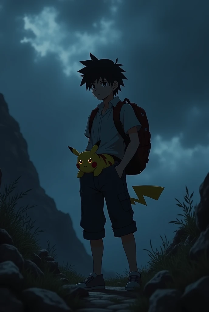 Pikachu is hidden in the pant of ash and the weather is open sky with dark environment