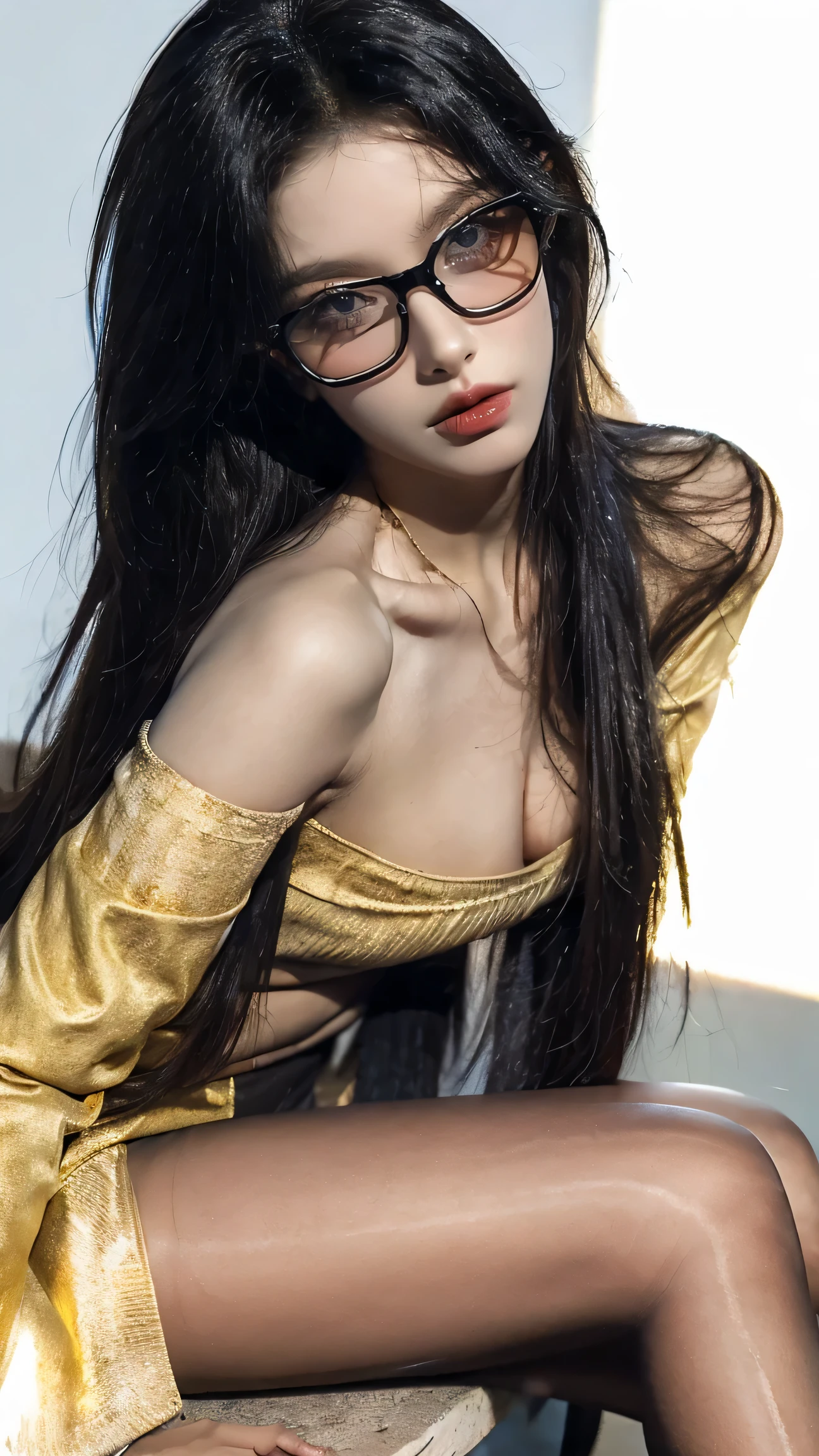 woman, Fair, Stunning face and eyes, cosmetic, Ruddy and shiny lips, (Extremely detailed Fair face), (The sexiest look), (Sweatshirt), (best quality), (Very detailed), (Very detailed CG 통합 8k 벽지),original photo, Professional photography, (Everlasting), (Pure white background),(Black Hair),(big eyes),(Soft light source),(A little cleavage),(shorts),(black)，Gold glasses，black，Slender long legs，No shoes,Pantyhose，Tube socks,