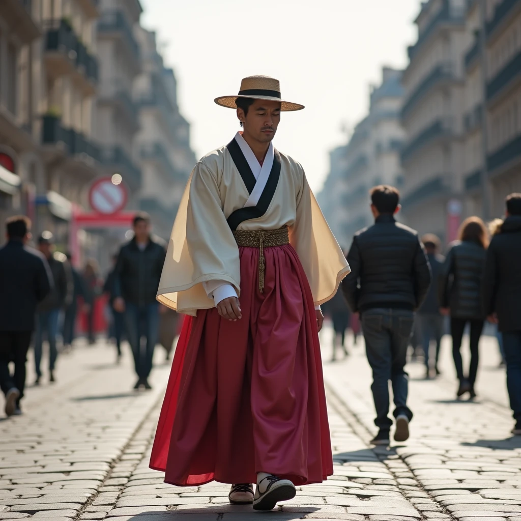A man walking down the streets of Paris wearing a hanbok.
