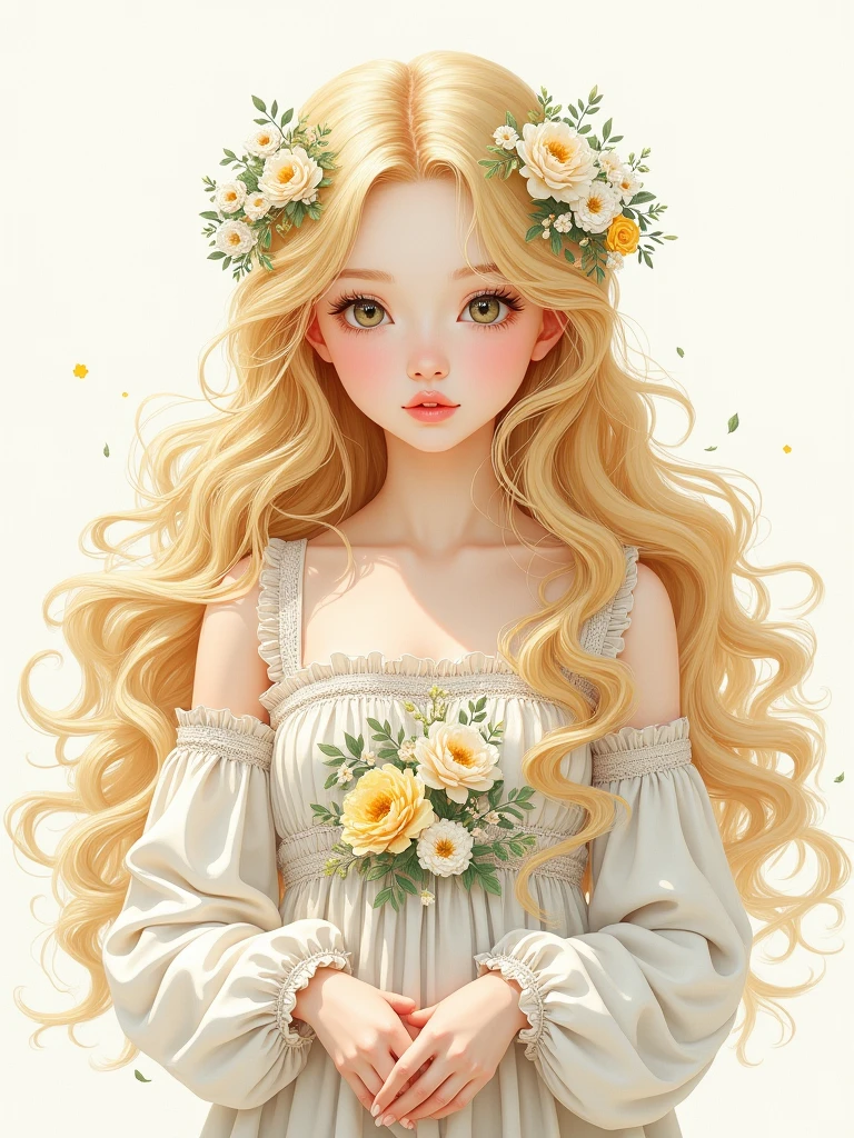 masterpiece, top quality, best quality, official art, beautiful and aesthetic:1.2), extreme detailed. 1 girl, long blonde hair, flowers and leaves entwined within her tresses, shades of white and yellow, wearing white top, ruffled detailing, embroidered pastel color floral chest motif, sleeves billowing at shoulders, tapering to wrists, hands clasped, soft and delicate aesthetic, intricate details in hair and clothing, light-hued background, subject focused, digital painting,more detail XL,watercolor \(medium\), in the style of esao andrews,