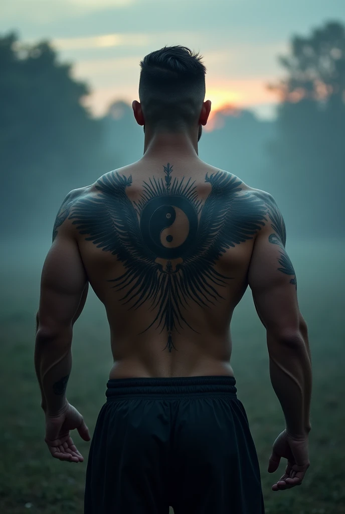 Strong man with his back turned, showing a yin yang tattoo with wings on his back, extending towards his shoulder. 