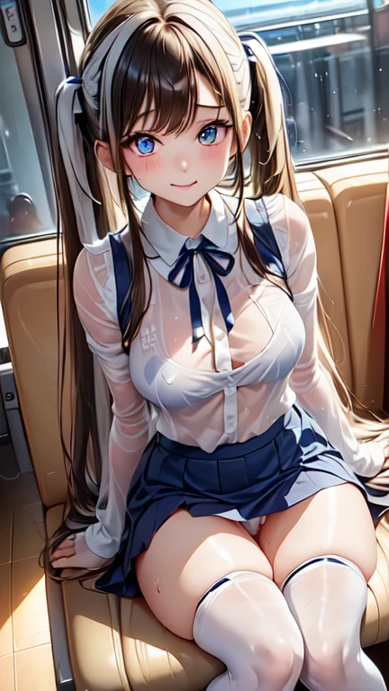 (Highest quality)), ((masterpiece)), (detailed),Natural light pouring in through the window, ((Full body shot 1.5,A woman sitting on a train seat with her legs spread open..7,Legs apart 1.7))),(((There are many people around her..5))),のBeautiful woman,,A woman smiling with her mouth open,The look of temptation,Very sexy,(((Big Breasts,Wearing a fully white shirt with a collar.4,Big shirt,A navy blue ribbon around the neck,No bra,Wearing a very short navy blue mini skirt.8))),((Wearing white knee-high socks..2)),
Beautiful woman,Beautiful Face,Big eyes,Beautiful Eyes,Beautiful double eyelids,Beautiful teeth alignment,A beautiful body with a small face and an 8-head proportion,Slender body,Long, slender limbs,Long and supple hair,Shiny black hair,Twin tail hairstyle,Full body shot 1.4,Embarrassed expression,Blushing with a shy smile,mouth half open,((A woman sitting with her legs spread wide.7)),(((The white panty is very emphasized.,Wet and see-through clothes 1.5))),(((Pose 1 where you can see your pussy and anus with your legs open.9))),nsfw1.9,The lines of her pussy are clearly visible in her panties,