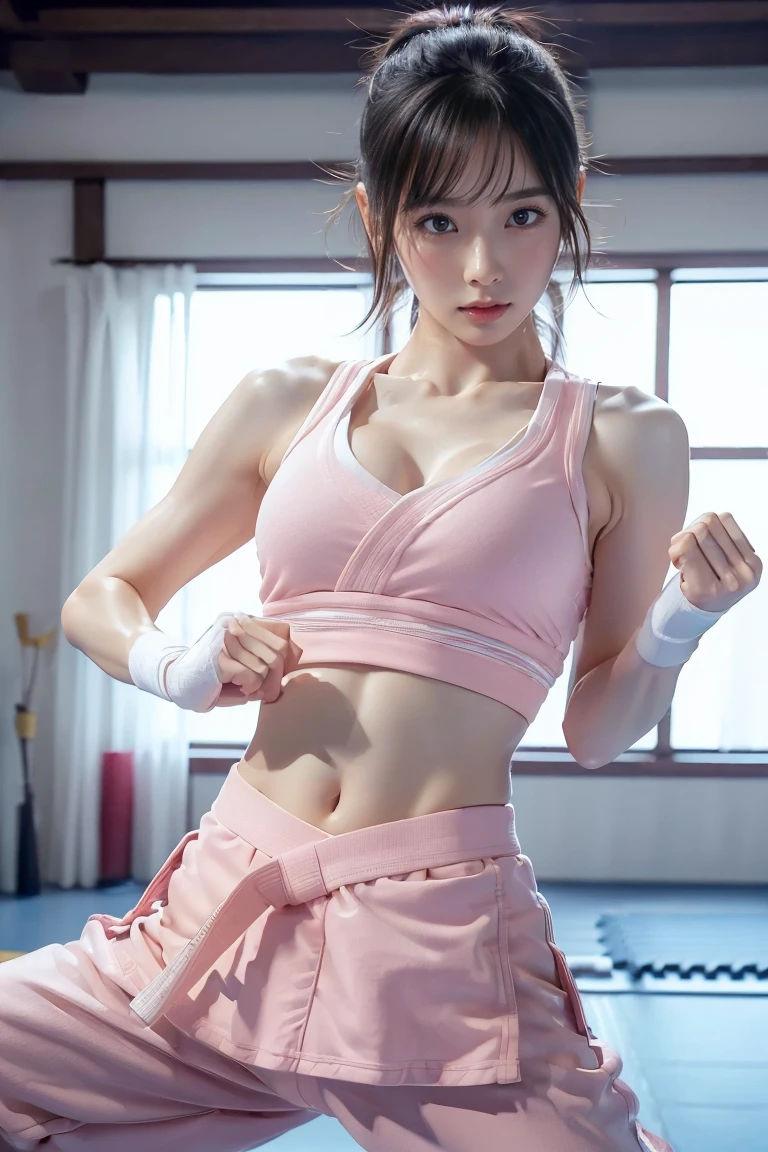 (I can see a sports bra)、(((Sexy pink karate uniform)))、A female karateka with bangs and twin tails.、Belly button and lower chest are visible、shiny skin、((Shy face))、((Turn your face away))、((look to the side))、((Blushed))、(tearful eyes)、cry、(((Karate dojo)))、((Exquisite picture))，(Masterpiece detailed RAW photo:1.25), (best quality:1.6), (Ultra-high resolution:1.5), (actual:1.75), 8K resolution, Canon EOS R5, 50 mm, absurd, Super detailed,movie lighting、((Sports underwear is clearly visible))、(((Pants are taken off)))、