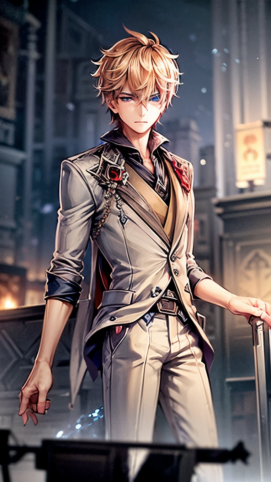 masterpiece, (blue eyes , light beige suit in the style of Chicago gangsters:1.5), 1 boy, temple in the background, frostpunk style, Gatsby style, snowstorm, serious face, white hat in hands