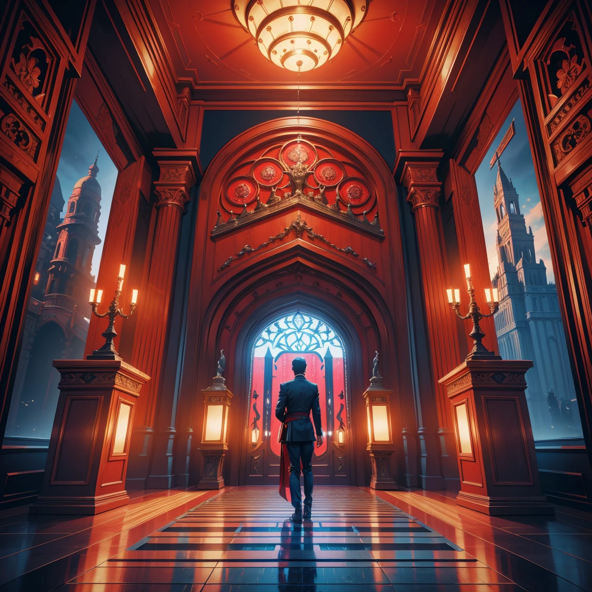 a modern wooden gate in red and blue, luxurious technology exhibition, detailed architecture, 8k, photorealistic, concept art, cinematic lighting, vibrant colors, intricate details, award-winning, masterpiece