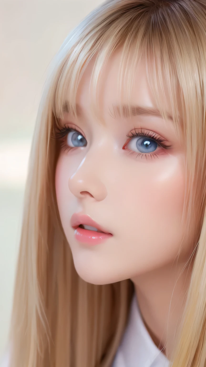 Incredibly bright, white, glossy, beautiful skin、Blonde hair color that changes with reflected light、Bangs between the eyes blocking the view、Glossy highlight on cheeks、sexy, very beautiful, lovely, cute, gorgeous face、The most beautiful face in the world、15-year-old beautiful girl、Super long blonde hair、smooth, straight hair、Big Breasts, Large, bright, azure eyes that sparkle、Beautiful eyeliner、Beautiful bangs、Small Face Beauty、beautiful round face、Very beautiful appearance、Very pure white girl、Cheek highlighter