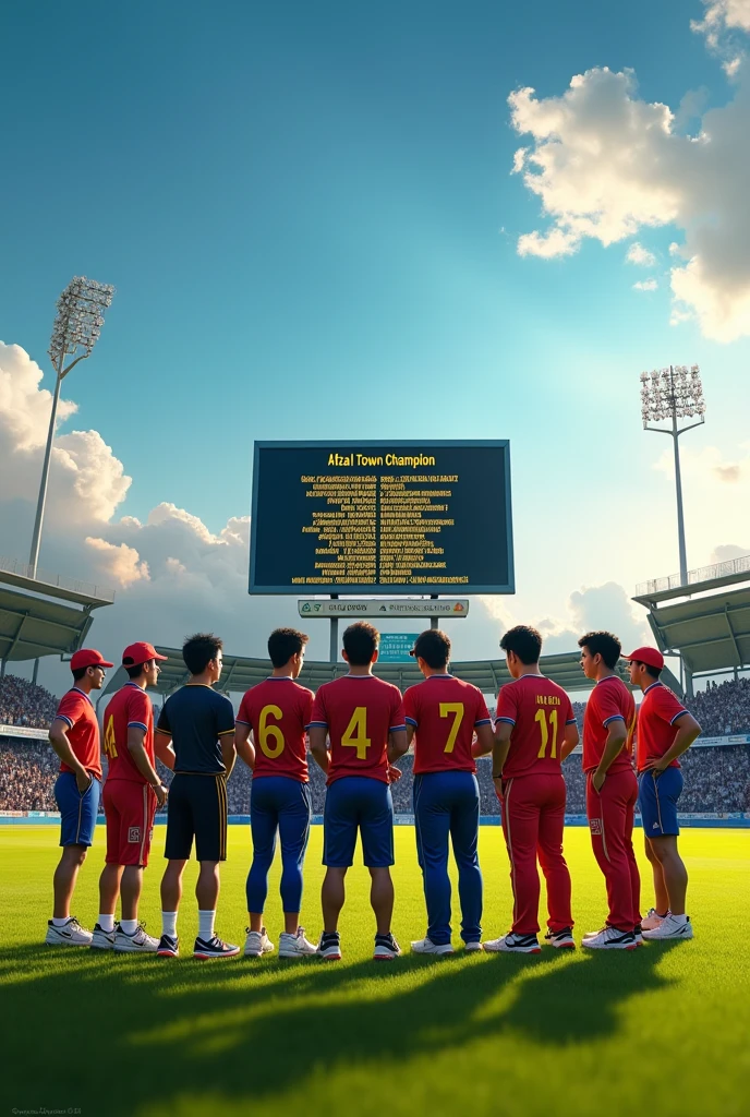 Make a picture of a cricket ground in which 11 players are looking at the big screen of the ground and on the top of the screen is written Afzal Town Champion and 2nd screen written players name in the number wise Istikhar, Hamza, Irshad, Asadullah, Muzamil, Rana Sanu Adeel,  Zain ali, Samiullah, Malik Waseem, Rana Adeel Hafiz, Mohsin Raza, Shahroz, Waqas, wasif, Akash, Gulzar Ahmad.