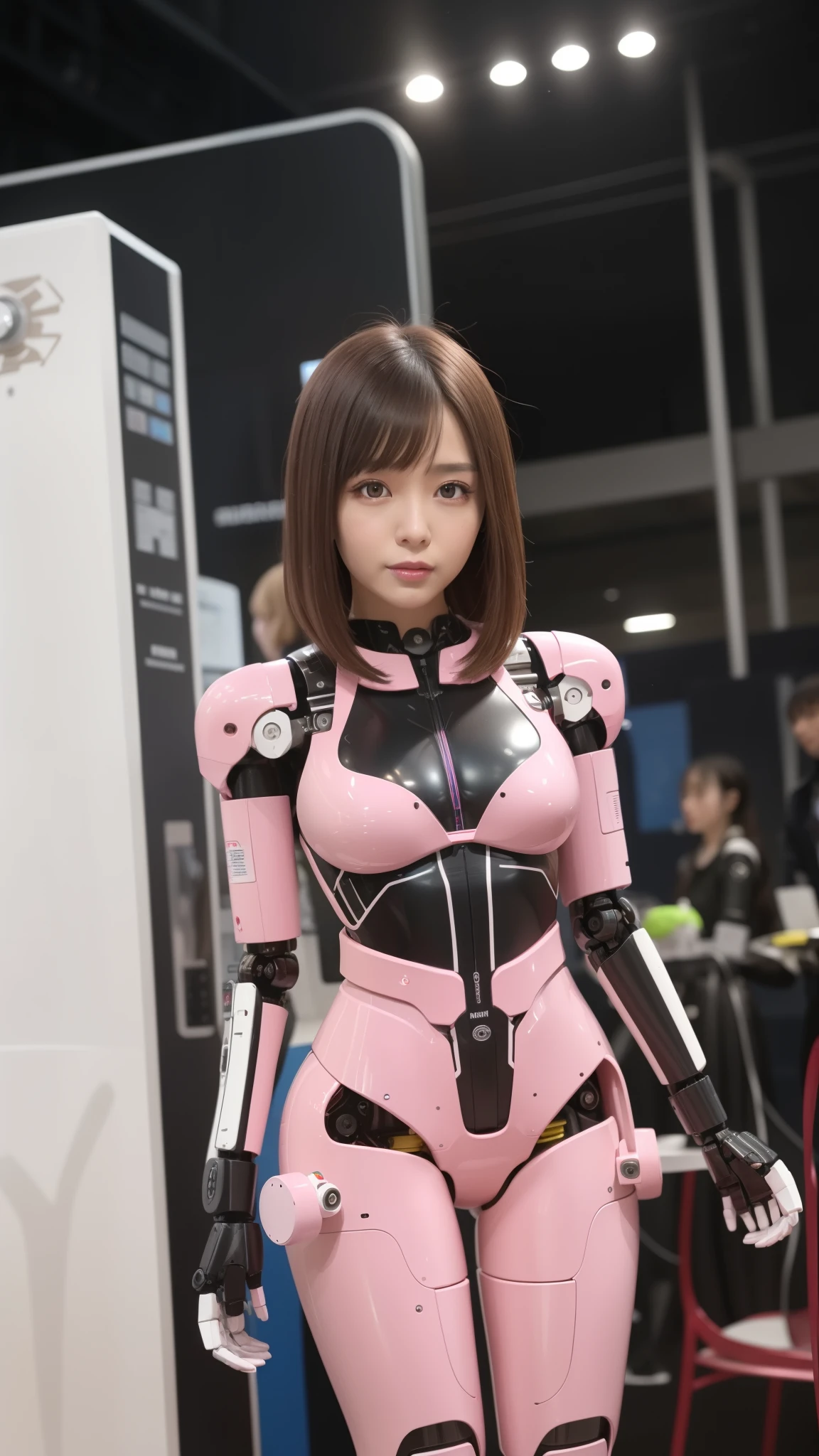(Photorealsitic:1.4)、Onegirl、(top-quality),(hyperdetailed face)、(Super well-formed face)、((Robot Parts))、(Cyborg girl)、(pink there)、(Burgundy)、(metalic)、(fullllbody)、(Moe Pose)、(Slender body)、(tits out)、(Model body type)、(mecha exposure)、(akihabara)、(is looking at the camera)、(A dark-haired)、(9Head and body)、(a small face)、(Idol)、(front facing)、(is standing)、(Photo session)、(Looks sad)、(Cyborg girl in stage costume)、(sleeve less)、(a miniskirt)