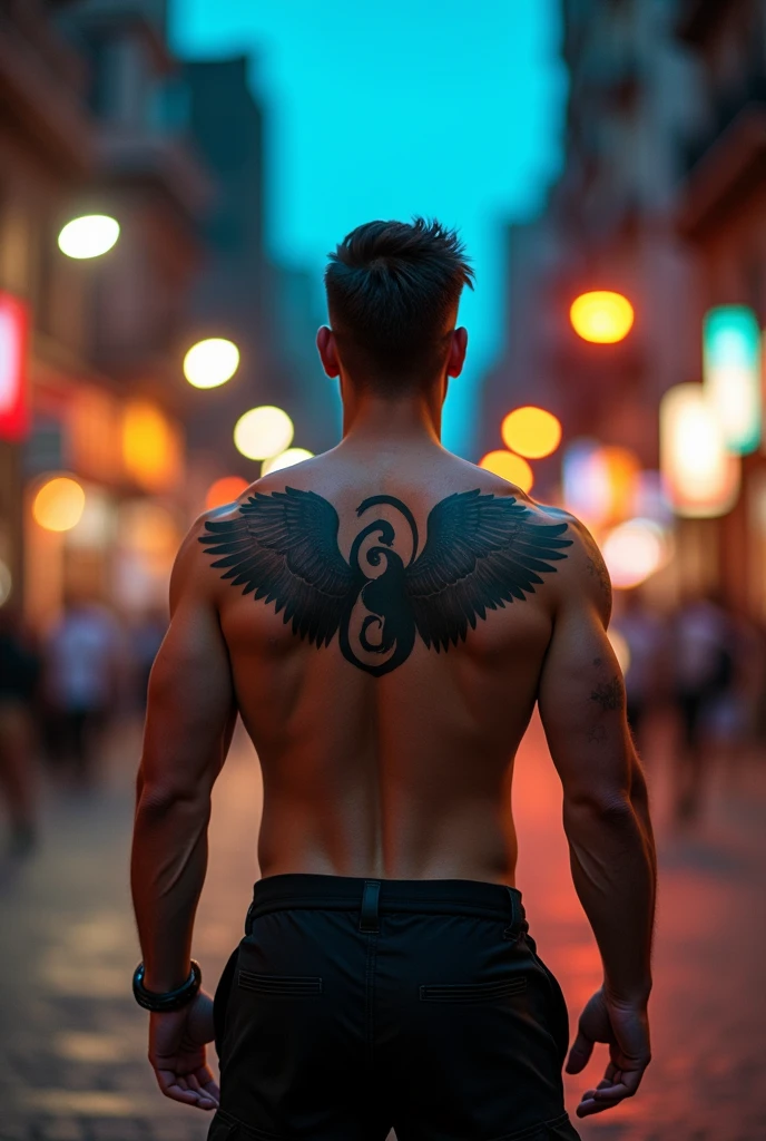 Strong man with his back turned, showing a yin yang tattoo with wings on his back, extending towards his shoulder. 