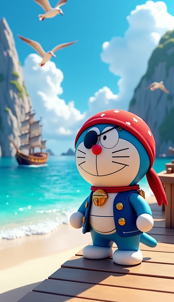 An image of Captain Doraemon wearing a pirate outfit on the sea . Doraemon stands on a small boat docked next to a white sandy beach., There's a big ship in the back,Behind is a sharp 3d 4k mountain