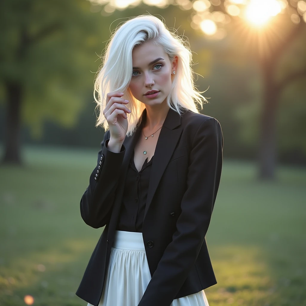 White hair,Black jk,White Silk,Blue Eyes,Looking straight ahead,Skirt swaying in the wind,Eyes are blurry, just woke up and rubbing my eyes