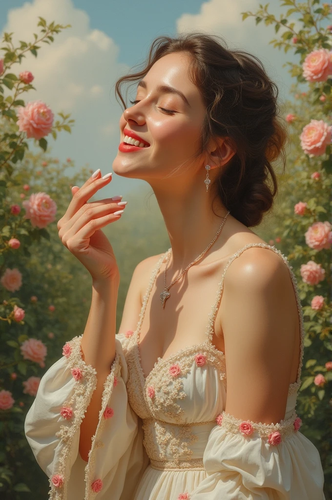 Woman throwing a kiss, classical painting style