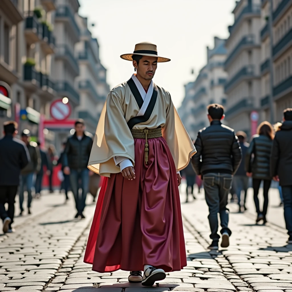 A man walking down the streets of Paris wearing a hanbok.
