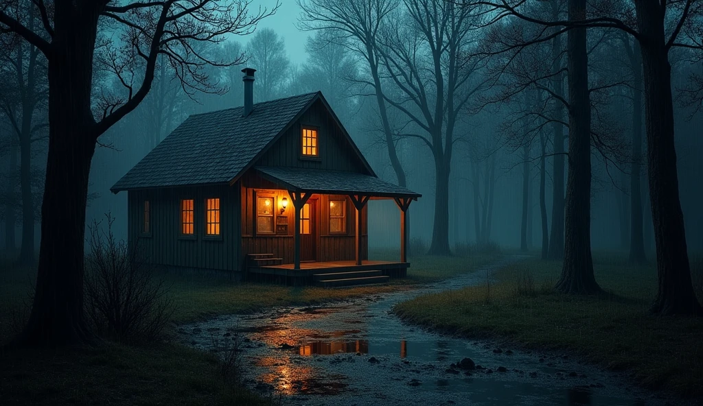 Rural cabin house with a menacing night atmosphere illuminated by lantern lights, dark and rainy atmosphere with many trees. Realistic image