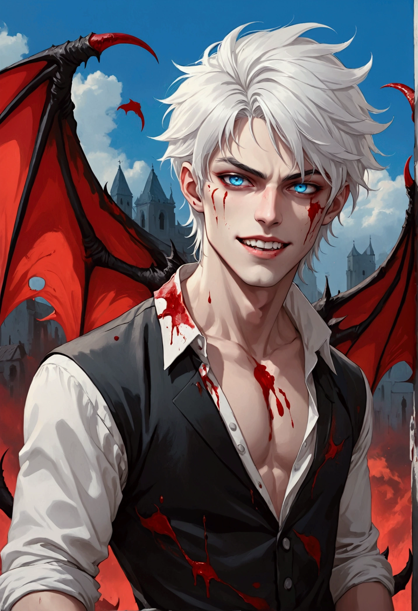 ((best quality)), ((masterpiece)), (detailed), (total body), perfect face, a beautiful and sexy demon boy, he has white hair and sky blue eyes, his teeth are Sharp and pointed. His hands are dirty of blood.