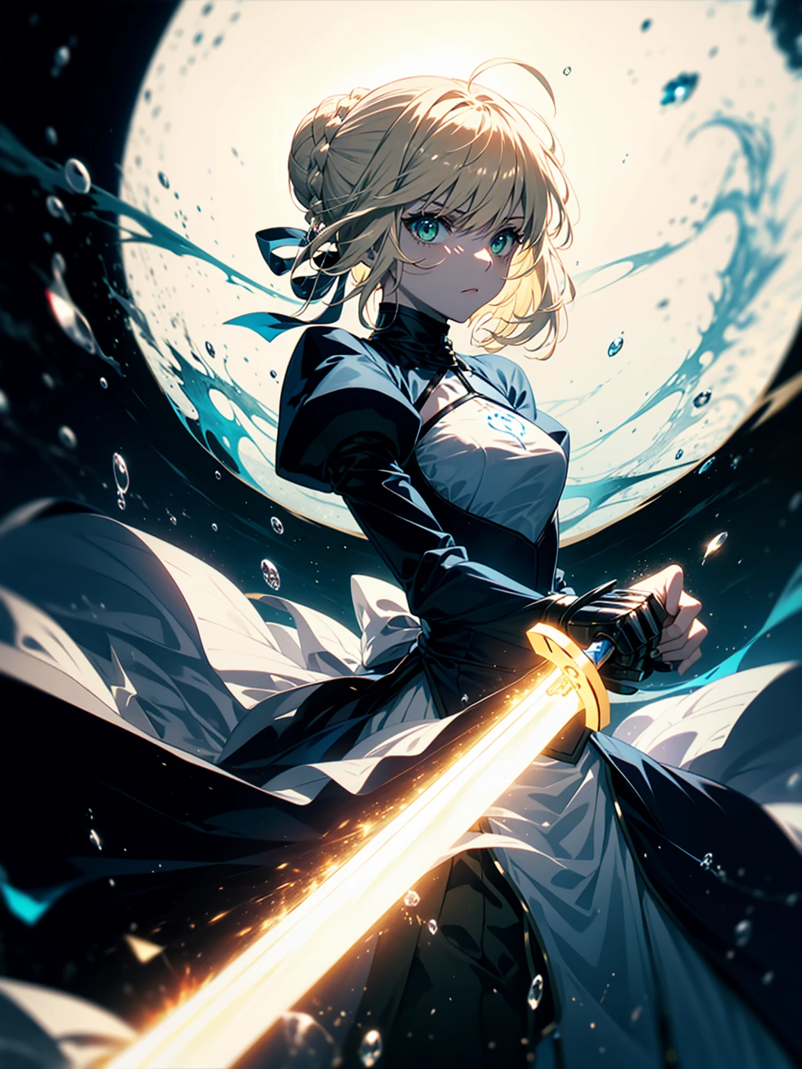 masterpiece, 1girl,bra, skirt, standing, (green eyes), (golden), ancient,BREAK (beautiful scenery),(perfect face), BREAK cinematic, phSaber,, 1girl, solo, armor, gauntlets, weapon, armored dress, sword, holding, french braid, holding weapon, holding sword, blue dress, long sleeves, puffy sleeves, glowing weapon, glowing, blue ribbon, glowing sword, bangs, hair bun, french braid, juliet sleeves, hair between eyes, breastplate, short hair, single hair bun, BREAK particles, magic, spell, gold particles, artistic, cinematic, asthetic