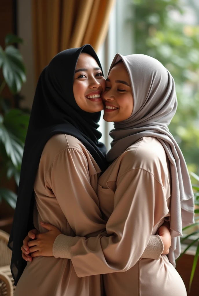" 2woman, 35 Years Old, Indonesian , Lesbian Scene, Tank Top, big , full body, Curvy body, sharing Passionate hug and eating pussy