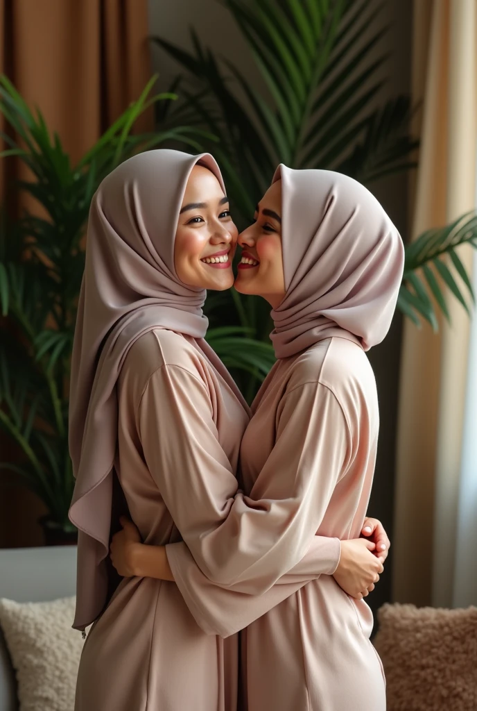 two indonesian hijab lesbian girl,half naked,hugging from behind,kissing,realistic,hd details,look to the viewer