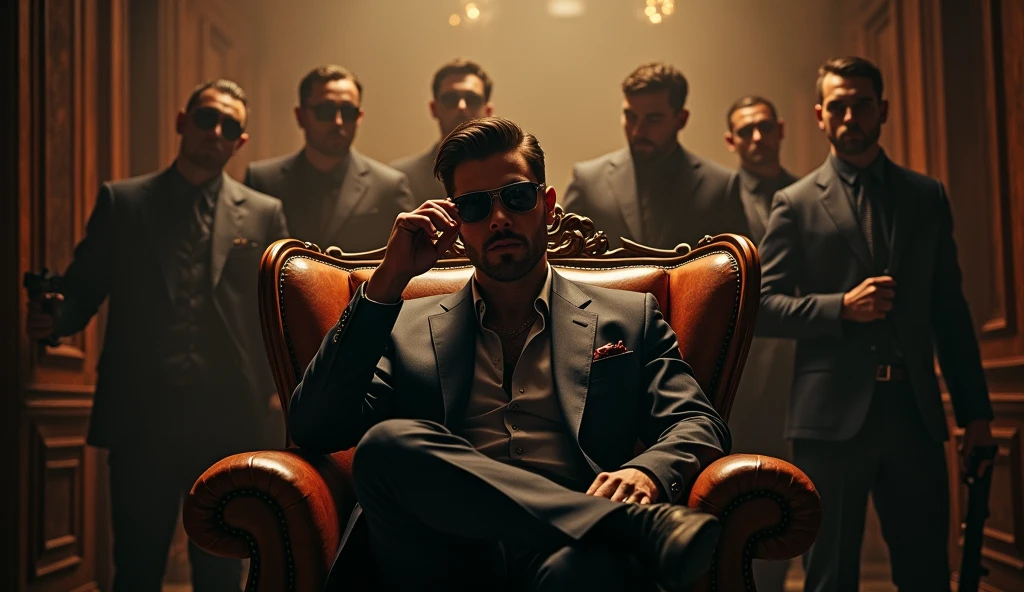 create a movie poster , a young and strong man mafia boss sitting in center on boss chair, wear glasses, gunmans standing behind, showing power, action movie poster, hyper details