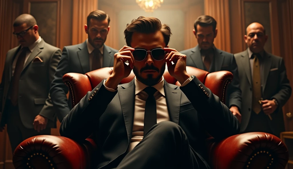 Design a striking poster with a focus on dramatic elements:Center: A young, strong Mafia Boss sits confidently on an elegant chair. He has a slight beard and an air of unshakeable confidence. His posture and expression should convey power and authority.Behind him: Strong, imposing guards stand closely, each holding a gun, emphasizing their role as his protective force.Background: Expensive luxury cars are parked behind the guards, highlighting the opulence and power associated with the Mafia Boss.Ensure the overall tone is intense and commanding, reflecting the Mafia Boss's strength and the security of his empire.