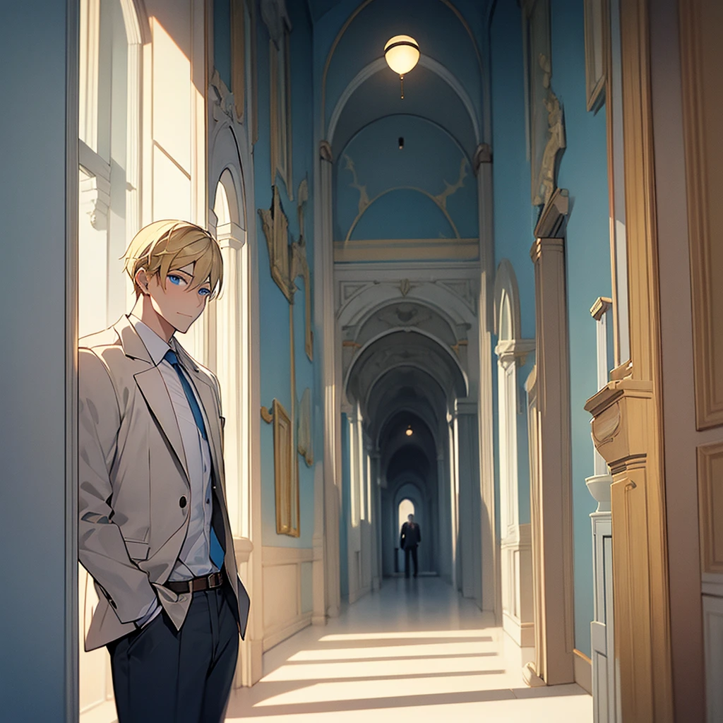 adult blond man with blue eyes, corridor, moonlight on the right. Portrait