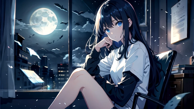 Create an illustration of black hair and blue eyes, sitting in a chair in front of a desk, Sentimental, Introspective look。, The moonlight gently shines into the room, Gently illuminate the space, Curtains sway in the wind, Increase tranquility, Dark mood, Emphasise the theme of loneliness, silence, And the depths of night, The room is dark、dimly lit by the moonlight