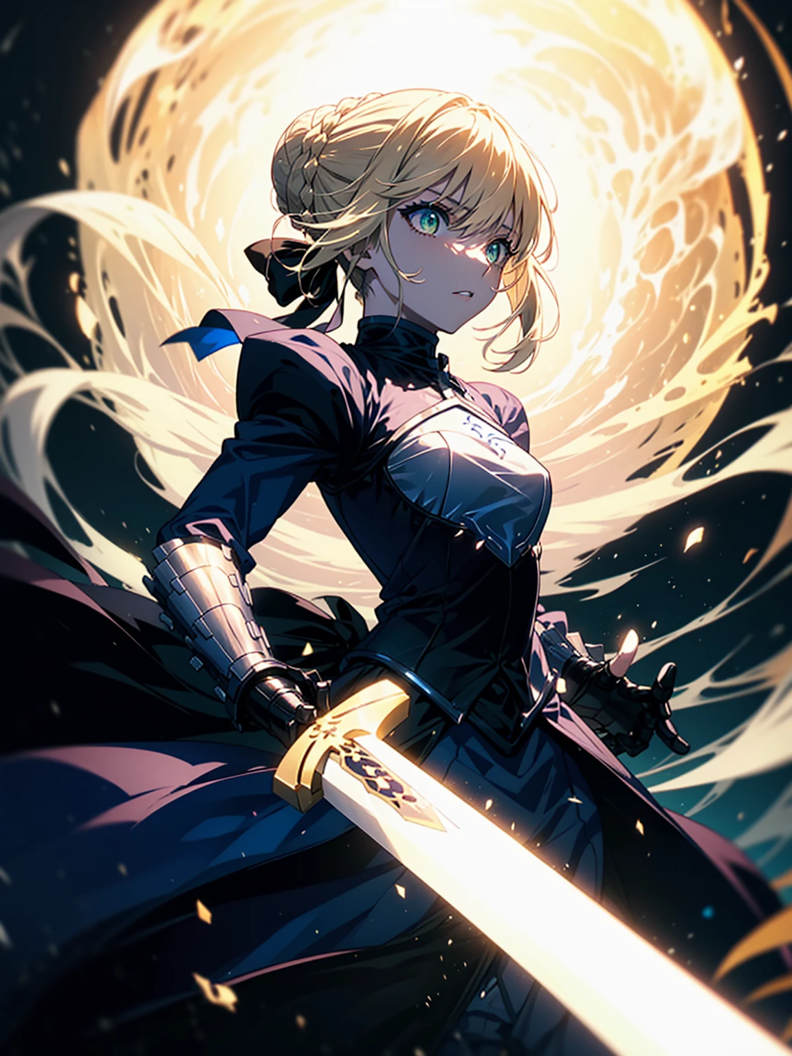 masterpiece, 1girl,bra, skirt, standing, (green eyes), (golden), ancient,BREAK (beautiful scenery),(perfect face), BREAK cinematic, phSaber,, 1girl, solo, armor, gauntlets, weapon, armored dress, sword, holding, french braid, holding weapon, holding sword, blue dress, long sleeves, puffy sleeves, glowing weapon, glowing, blue ribbon, glowing sword, bangs, hair bun, french braid, juliet sleeves, hair between eyes, breastplate, short hair, single hair bun, BREAK particles, magic, spell, gold particles, artistic, cinematic, asthetic