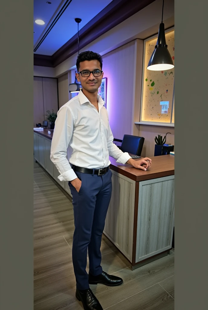 22 year old indian boy With fair skin Wearing spectacles and narrow body Posing for a linkedin picture in formals with this image prompt which I uploaded