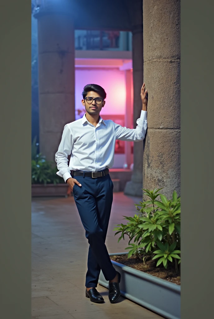 22 year old indian boy With fair skin Wearing spectacles and narrow body Posing for a linkedin picture in formals with this image prompt which I uploaded 