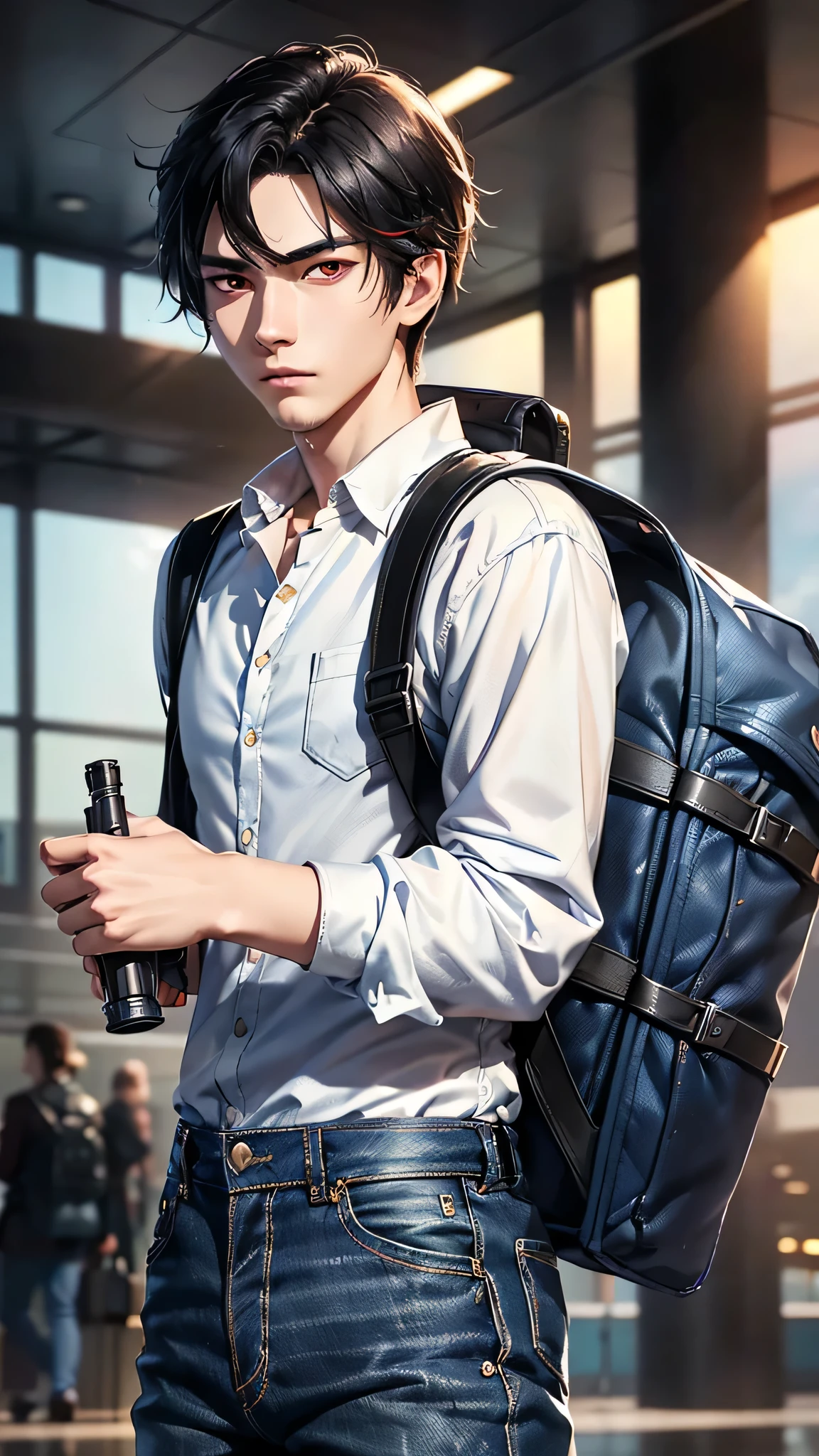 最high quality、Best image quality、masterpiece、male((18-year-old、slender、Stubble、Holding a gun、White shirt、Red eyes、Cool hairstyle、Black Hair、Fighting Pose、Black rider jacket、Blue denim trousers、Black Rucksack))high quality、Beautiful art、background((Inside the airport)),Tabletop、Exquisite design、Visual Arts、Written boundary depth、Best lighting、Highest detail、8k