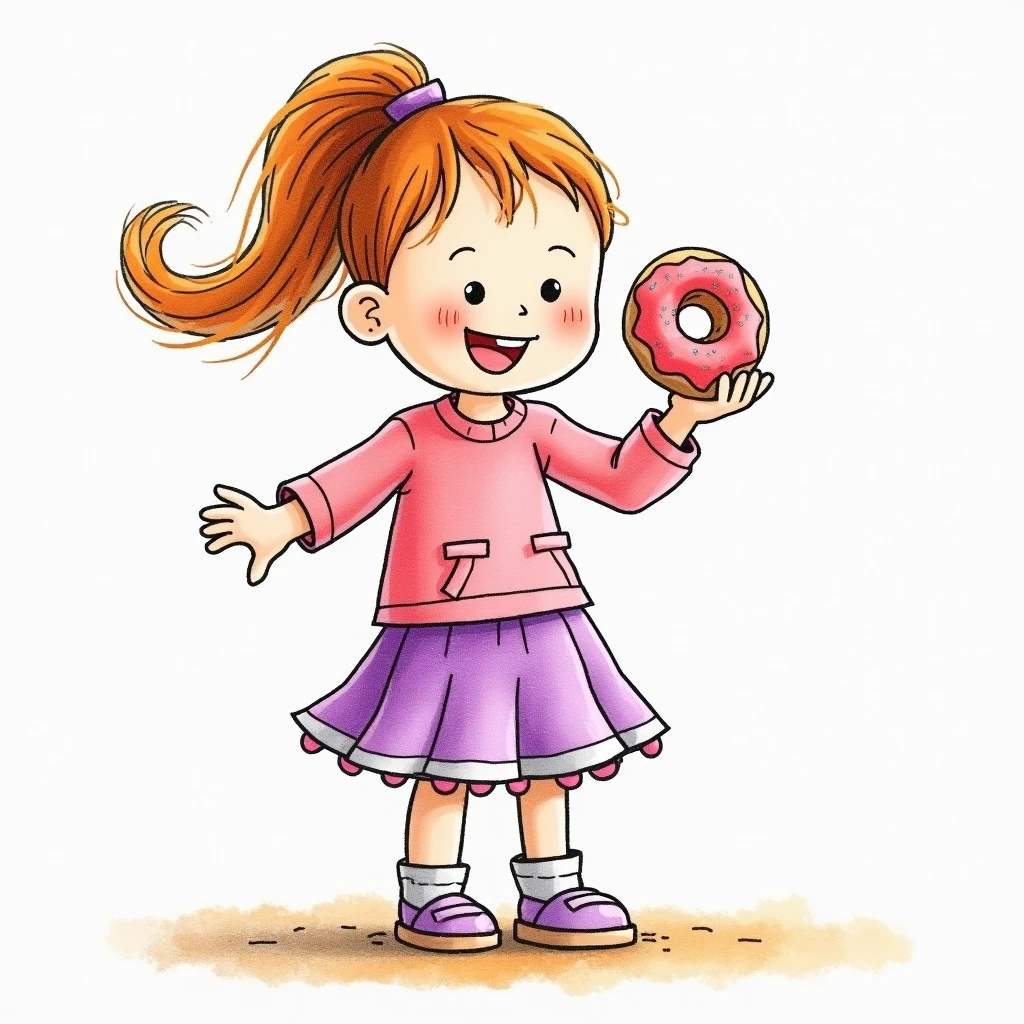 A girl holding a donut drawn by a kindergartener