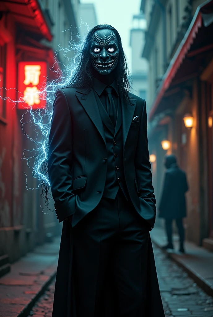 Tall man in an elegant black suit, with a black mask with a big white smile and white cyclone-shaped eyes, Long hair, with a demonic and smiling being on its back in the form of a static