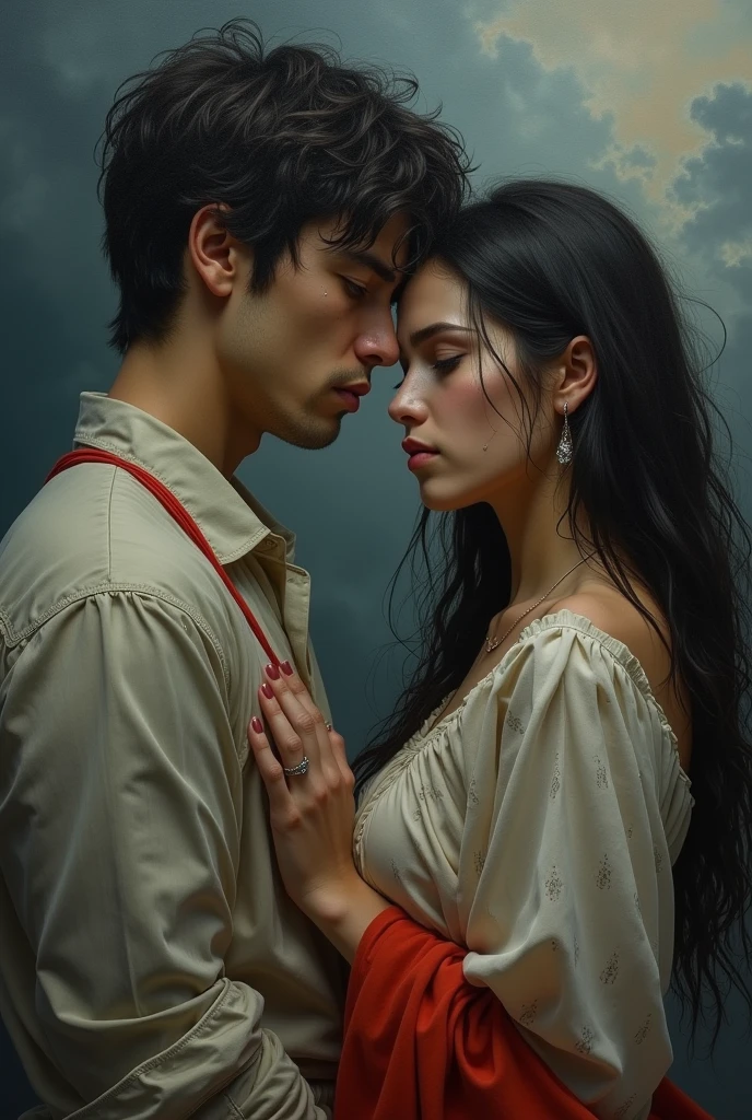 A painting. man and woman looking sad and tired connected with red string. Twin flames. Man is looking away and trying to let her go