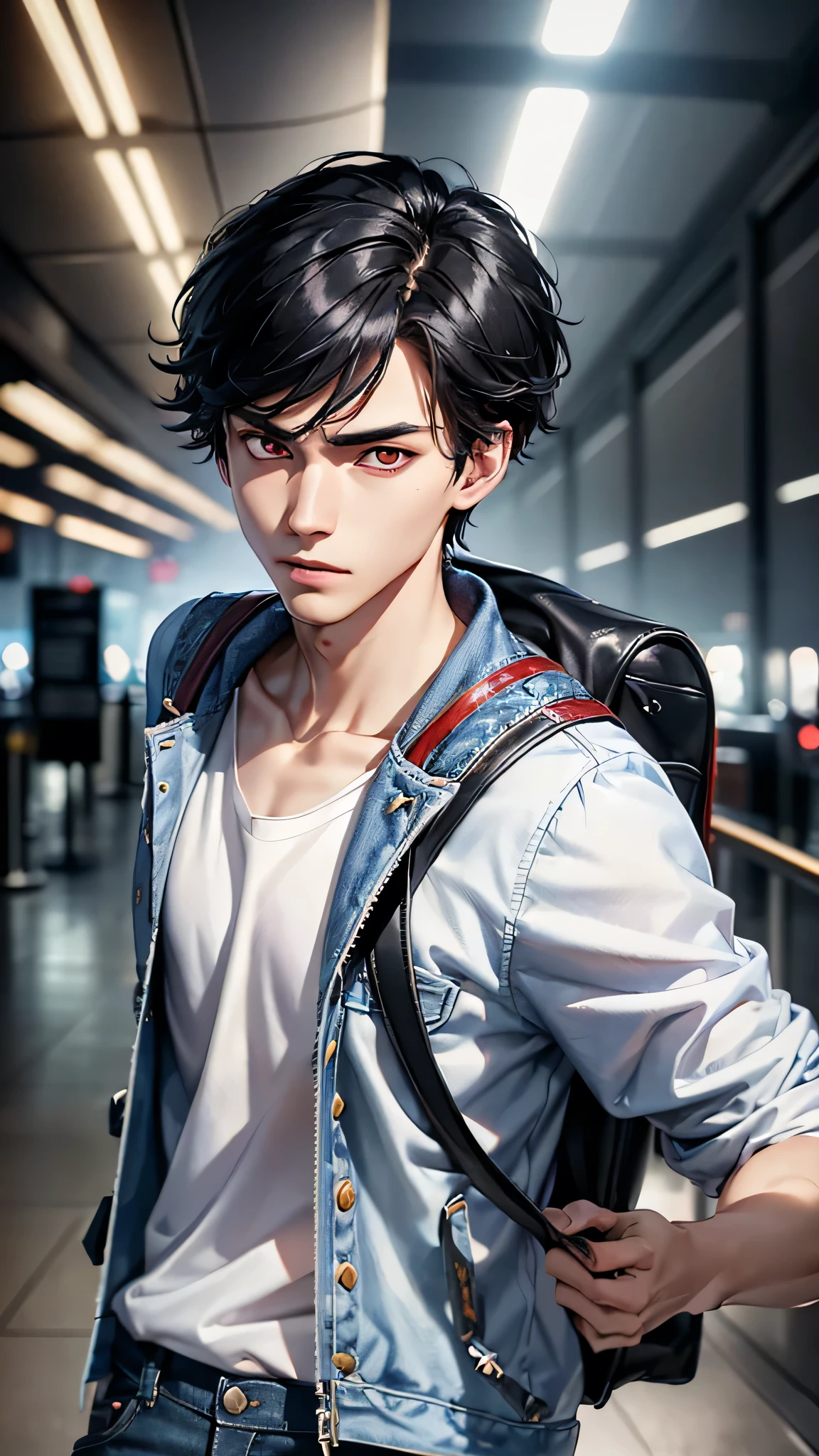 最high quality、Best image quality、masterpiece、male((18-year-old、slender、Stubble、Holding a gun、White shirt、Red eyes、Cool hairstyle、Black Hair、Fighting Pose、Black rider jacket、Blue denim trousers、Black Rucksack))high quality、Beautiful art、background((Inside the airport)),Tabletop、Exquisite design、Visual Arts、Written boundary depth、Best lighting、Highest detail、8k