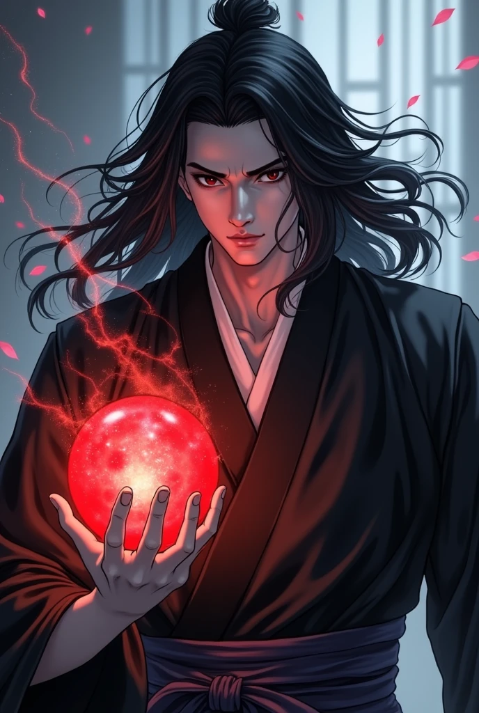 black haired, cold looking man, black eyes, long hair, majestic features, wearing a kimono, holding a glowing red ball of energy in his hand, novel cover.