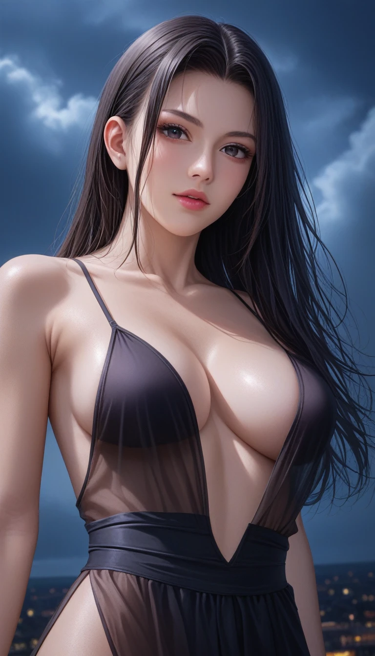 score_9, score_8_superior, score_7_superior, High-resolution CG illustration,A masterpiece in 32K resolution,Highest quality,it is really amazing,Very detailed,Ultra-high resolution,Ultra-realistic,Realistic,Increased depth of field,Cinematic lighting,
Sexy mature Japan woman,
Glossy black hair,Straight Long Hair,Showing his forehead,god々Beautiful,Ultra-detailed and beautiful face,Sensual look,Beautiful dark brown, moist eyes,Pitch black eyes,Glowing, moisturized skin,Translucent white skin,born々New skin texture,Great proportions,
Black camisole long dress,
Wide open chest design,Deep slit showing the thighs,Detailed race decorations,詳細なborn地の質感,
A dark and blurry night background,Dark overcast sky on a dull night,Dark clouds filling the sky,Thundercloud,Coastline at night,Stormy seas,delay々A desolate sandy beach that continues,
Cinematic,Low - Angle,