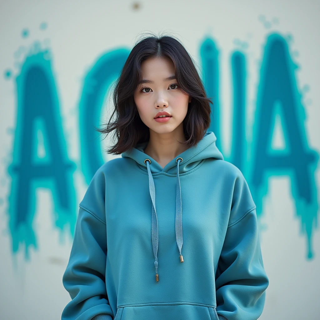 Woman 20 years old, asian, background with the letters AQUA, hoodie, album cover