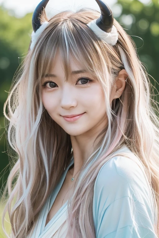 (((master peace))), ((photo realistic:1.55)), (Japanese Girl), , ((cute young girl)), (broad jawline:1.5), puffy face, (fantasy:1.2), very light brown hair, Very light pink hair,Very light blue-green hair,Very long hair,(messy hair:1.5), (shy smile:1.1),(demon horns), (Black and white)