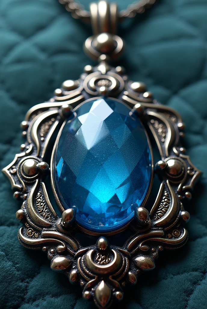 Generate an image of huge pendant with blue stone embedded in it it haa water symbol on it and it is more fancier fantasy and ancient looking